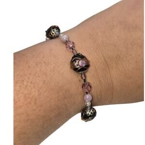 Cloisonné Bead Bracelet with Pink and Black Enamel Design - Vintage Romantic